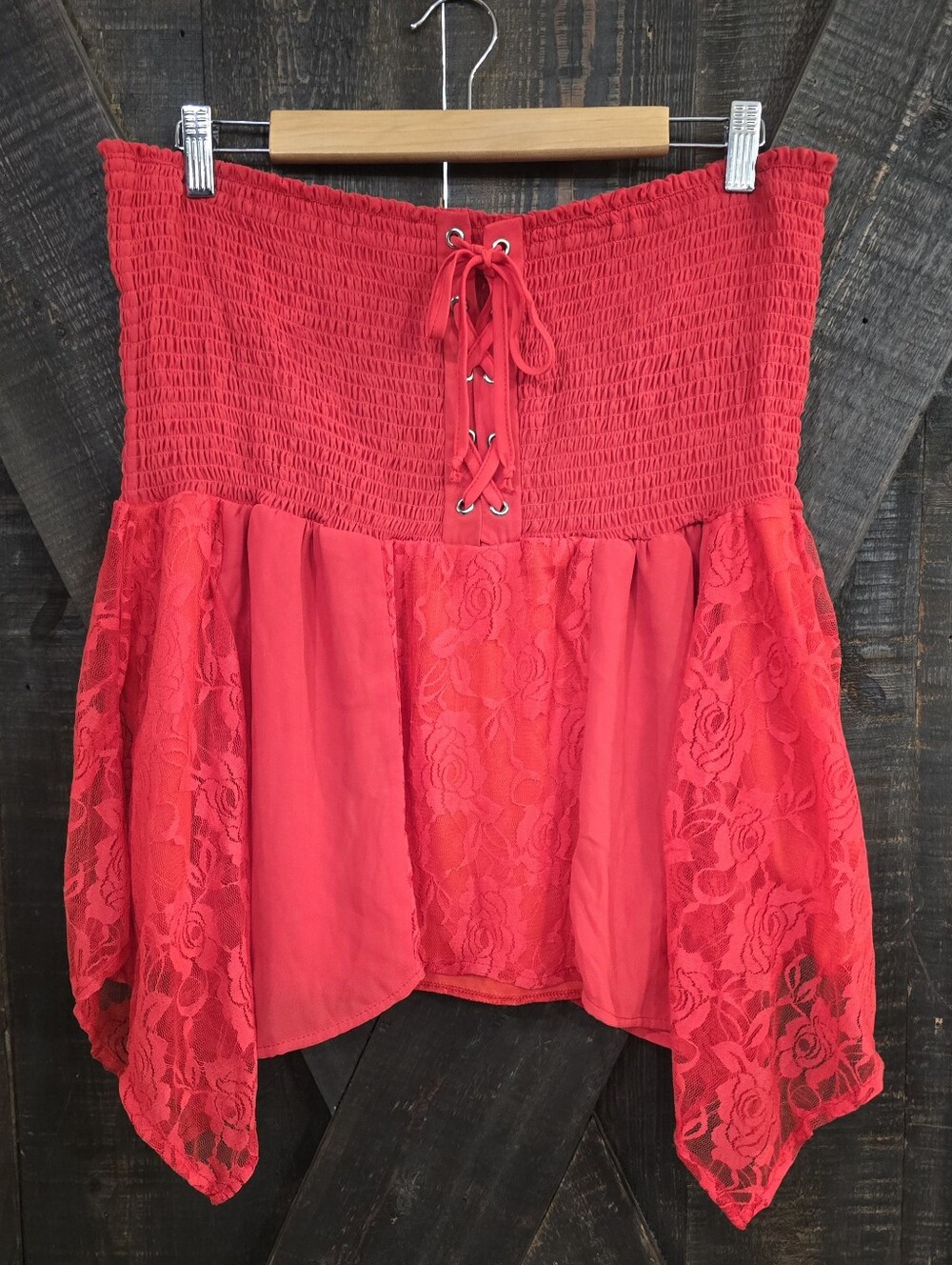 Venus Strapless Red Lace Handkerchief Hem Top 1X